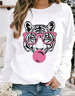 Damen Sweatshirt mit kreativem Tiger-Design und lässigem Schnitt in Weiß