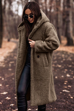 Übergroßer Damen-Teddy-Mantel | mit Kapuze in Khaki