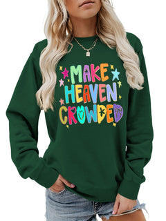 Damen Sweatshirt mit buntem Motiv und verspieltem Schriftzug in Dunkelgrün
