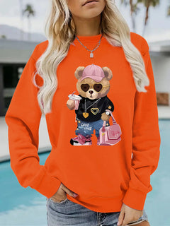 Damen Sweatshirt mit einzigartigem Cartoon-Bären-Motiv und modischem Schriftzug in Orange