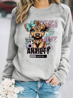 Damen Sweatshirt mit kreativem Hundedesign und inspirierendem Schriftzug in Grau