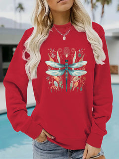 Damen Sweatshirt mit einzigartigem Libellen-Print und botanischem Design in Rot