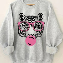 Damen Sweatshirt mit kreativem Tiger-Design und lässigem Schnitt in Hellgrau