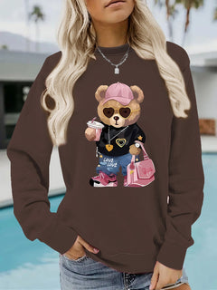 Damen Sweatshirt mit einzigartigem Cartoon-Bären-Motiv und modischem Schriftzug in Braun