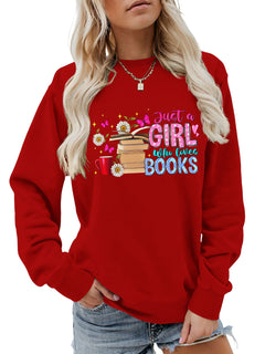 Damen Sweatshirt mit auffälligem Buchmotiv und lässiger Passform in Rot