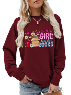 Damen Sweatshirt mit auffälligem Buchmotiv und lässiger Passform in Weinrot