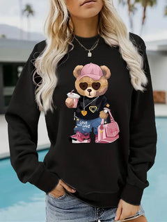 Damen Sweatshirt mit einzigartigem Cartoon-Bären-Motiv und modischem Schriftzug in Schwarz