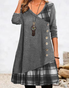 Langarm Karodetails Kleid für Damen in Grau