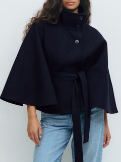 Damen stylische Umhangjacke mit hohem Kragen und Gürtel in Dunkelblau