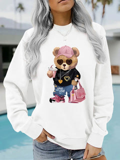Damen Sweatshirt mit einzigartigem Cartoon-Bären-Motiv und modischem Schriftzug in Weiß