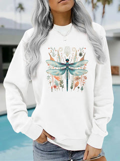 Damen Sweatshirt mit einzigartigem Libellen-Print und botanischem Design in Weiß