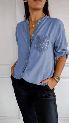 Damen Festliche Button Down Hemd | Langarm in Blau