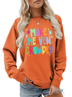 Damen Sweatshirt mit buntem Motiv und verspieltem Schriftzug in Orange