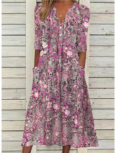Halblanges Blumenkleid mit Taschen für Damen in Rosa