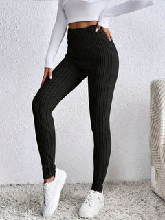 Damen Hochtaillierte Rippstrickleggings in Schwarz