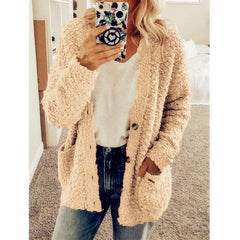 Teddy Damen Fleecejacke Mit Kapuze | Flauschiger Wintermantel in Beige