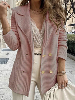 Damen eleganter Strickblazer mit doppelter Knopfleiste und strukturiertem Design in Rosa