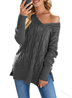 DAME V-AUSSCHNITT STRICKPULLOVER | ELEGANTER KOMFORT STIL in Grau