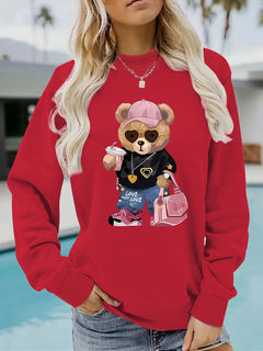 Damen Sweatshirt mit einzigartigem Cartoon-Bären-Motiv und modischem Schriftzug in Rot