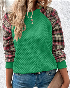 Damen Sweatshirt mit Gitterstruktur und karierten Ärmeln in Grün