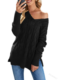 DAME V-AUSSCHNITT STRICKPULLOVER | ELEGANTER KOMFORT STIL in Schwarz