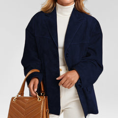 Damen eleganter Oversized-Blazer aus Wildlederimitat in Dunkelblau