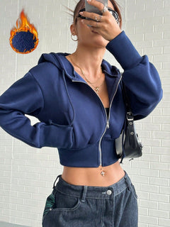 Damen cropped Kapuzenpullover mit Reißverschluss und breiten Ärmeln in Blau