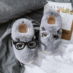 Damen Hausschuhe mit tierischem Motiv und weichem Fleece-Innenfutter in Grau