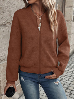 Damen modische Sweatjacke mit strukturiertem Design und Reißverschluss in Braun