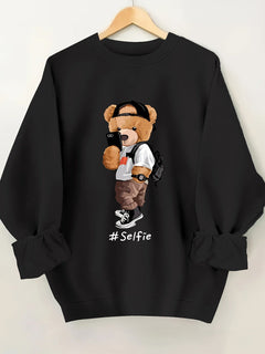 Damen Sweatshirt mit künstlerischem Bärendesign und lässigem Schnitt in Schwarz