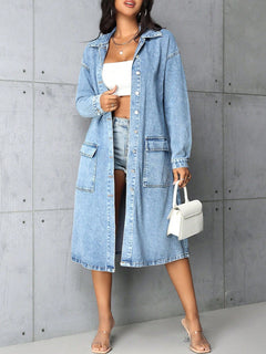 Damen Jeansjacke im長 Belichtungs-Vintage-Stil mit praktischen Taschen und Knopfleiste in Blau
