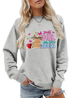 Damen Sweatshirt mit auffälligem Buchmotiv und lässiger Passform in Grau