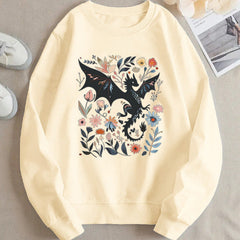 Damen Sweatshirt mit detailliertem Drachen- und Blumenmotiv in Khaki