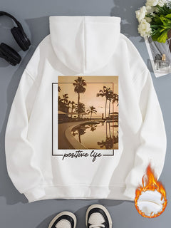 Damen Kapuzenpullover mit urbanem Palmenmotiv und positivem Schriftzug in Weiß