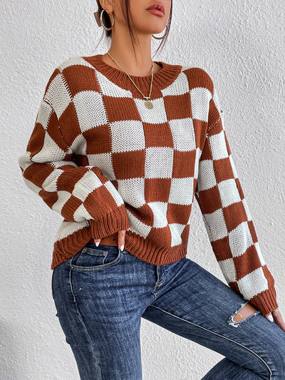 DAME KARIERTER RUNDHALS LANGARMPULLOVER | MODISCHER, BEQUEMER, VIELSEITIGER