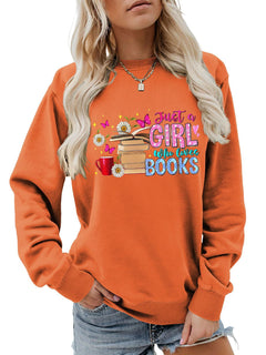Damen Sweatshirt mit auffälligem Buchmotiv und lässiger Passform in Orange