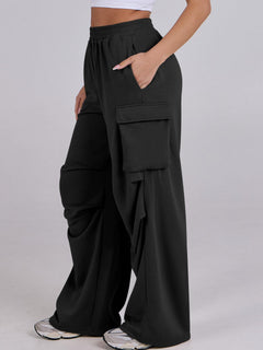 Damen lässige Cargo-Hose mit elastischem Bund und weiten Beinen in Schwarz