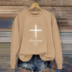 Damen Sweatshirt mit christlichem Motiv und weichem Innenfutter in Camel