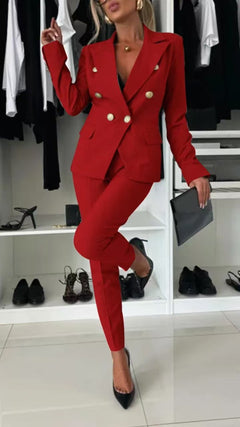 Damen elegantes Anzug-Set mit doppelter Knopfleiste und taillierter Passform in Rot