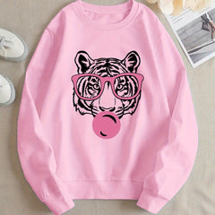 Damen Sweatshirt mit kreativem Tiger-Design und lässigem Schnitt in Rosa