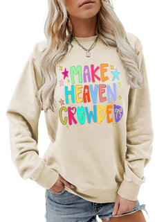Damen Sweatshirt mit buntem Motiv und verspieltem Schriftzug in Khaki