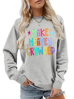 Damen Sweatshirt mit buntem Motiv und verspieltem Schriftzug in Grau