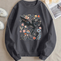 Damen Sweatshirt mit detailliertem Drachen- und Blumenmotiv in Dunkelgrau