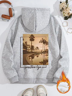 Damen Kapuzenpullover mit urbanem Palmenmotiv und positivem Schriftzug in Grau
