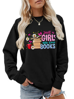 Damen Sweatshirt mit auffälligem Buchmotiv und lässiger Passform in Schwarz