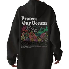 Damen Kapuzenpullover mit umweltfreundlichem Schildkröten- und Korallenmotiv in Schwarz
