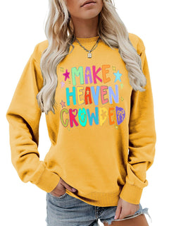 Damen Sweatshirt mit buntem Motiv und verspieltem Schriftzug in Gelb