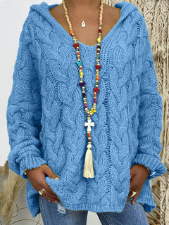 Damen KABELSTRICK HOODIE PULLOVER | MODISCHER, BEQUEMER, VIELSEITIGER in Blau