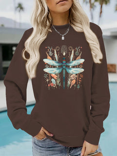 Damen Sweatshirt mit einzigartigem Libellen-Print und botanischem Design in Braun
