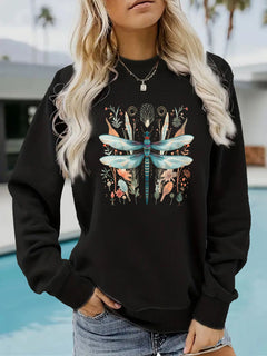 Damen Sweatshirt mit einzigartigem Libellen-Print und botanischem Design in Schwarz